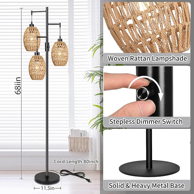 Boho Floor Lamps for Living Room Bedroom Rattan Floor Lamp With Three Wicker Woven Lampshades,Dimmable Rustic Floor Lamp Black Standing Lamp 68" Farmhouse Tall Three Floor Lamp For Bedroom Corner - LeafyLoom