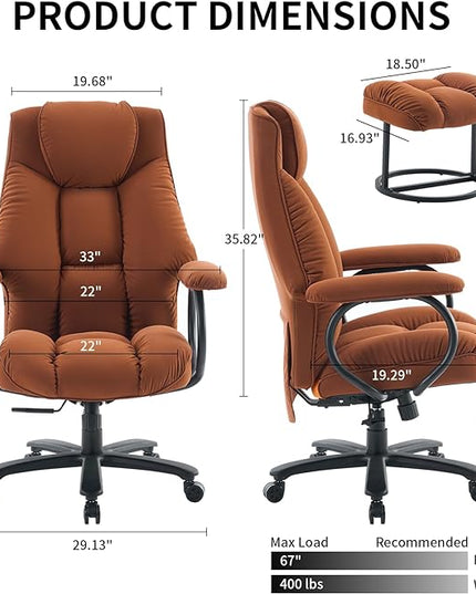 Office Chair Big and Tall, High Back Home Office Chair 400 lbs, Executive Office Chair with Ottoman, Ergonomic Office Chair with Padded Armrest, Swivel Computer Chair PU Leather (Khaki) - LeafyLoom