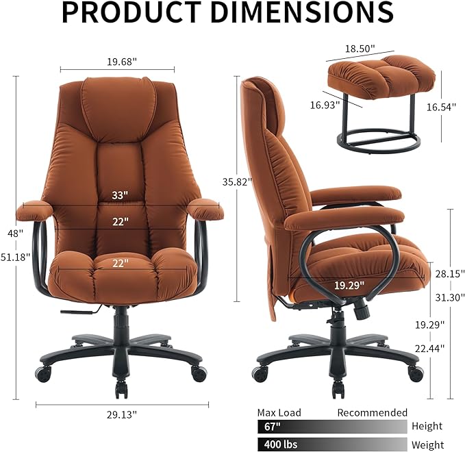 Office Chair Big and Tall, High Back Home Office Chair 400 lbs, Executive Office Chair with Ottoman, Ergonomic Office Chair with Padded Armrest, Swivel Computer Chair PU Leather (Khaki) - LeafyLoom