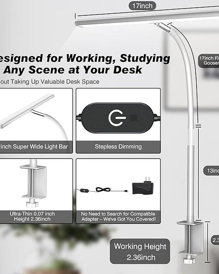 LED Desk Lamp for Office Home, Eye-Caring Desk Light with Stepless Dimming Adjustable Flexible Gooseneck, 10W USB Adapter Desk Lamp with Clamp for Reading, Study, Workbench (White) - LeafyLoom