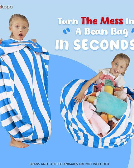 Wekapo Stuffed Animal Storage Bean Bag Chair Cover for Kids | Stuffable Zipper Beanbag for Organizing Children Plush Toys Large Premium Cotton Canvas (Blue, X-Large) - LeafyLoom