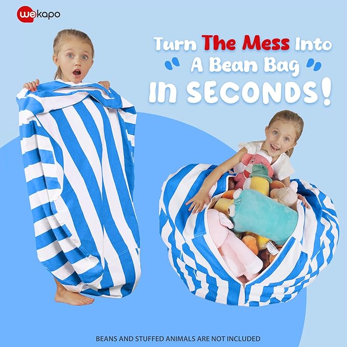 Wekapo Stuffed Animal Storage Bean Bag Chair Cover for Kids | Stuffable Zipper Beanbag for Organizing Children Plush Toys Large Premium Cotton Canvas (Blue, XX-Large) - LeafyLoom