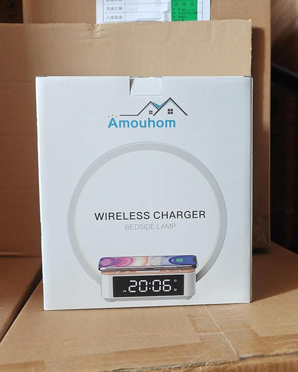 Amouhom Table Lamp, 18W Touch Lamp Alarm Clock with Wireless Charging Wake-Up Light, Digital Sonic 10W Max Qi Charger Nightstand Reading Lamps for Bedside, Reading, Home, Office - LeafyLoom