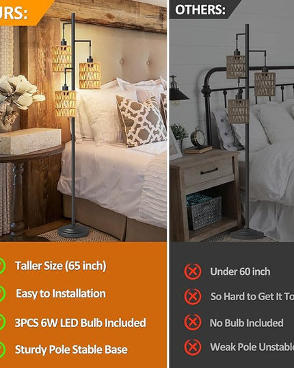 3-Lights Rattan Floor Lamps with ON/Off Foot Switch Tree Standing Lamp with Wood Rattan Lampshades Boho Floor Lamp Tall Pole Lamp for Living Room Bedroom Office, 3 PCS 6W Bulbs Included - LeafyLoom