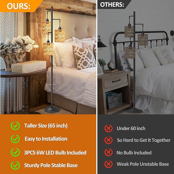 3-Lights Rattan Floor Lamps with ON/Off Foot Switch Tree Standing Lamp with Wood Rattan Lampshades Boho Floor Lamp Tall Pole Lamp for Living Room Bedroom Office, 3 PCS 6W Bulbs Included - LeafyLoom