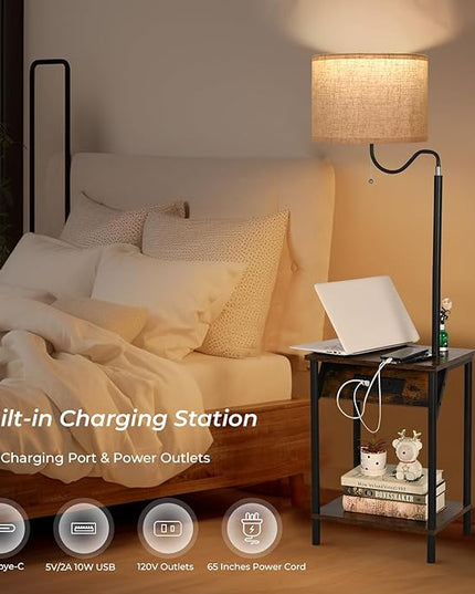 FIMEI Floor Lamp with Table, End Table with Charging Station USB Ports & Outlets, Bedside Table 3 Color Temperature Reading Light, Nightstand with Shelves for Living Room, Bedroom, Apartment - LeafyLoom