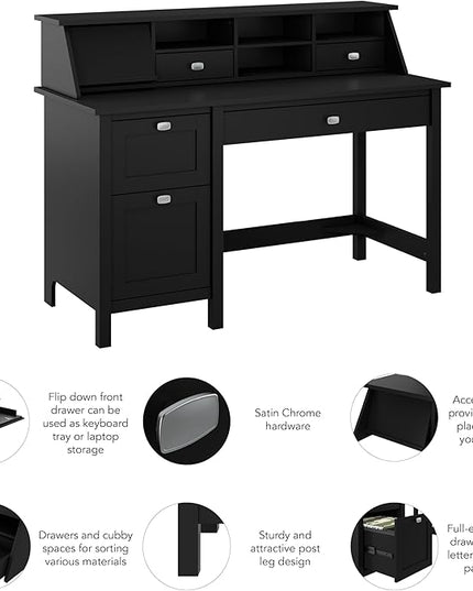 Bush Furniture Broadview 54W Computer Desk with Drawers and Desktop Organizer in Classic Black | Storage for Home Office Workspace - LeafyLoom