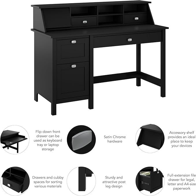 Bush Furniture Broadview 54W Computer Desk with Drawers and Desktop Organizer in Classic Black | Storage for Home Office Workspace - LeafyLoom