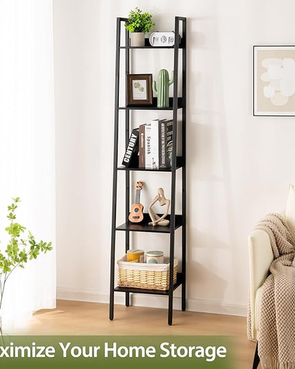 Yoobure Ladder Shelf, 5 Tier Tall Ladder Bookshelf Corner Shelf, Industrial Book Shelf Ladder Bookcase Narrow, Standing Storage Shelves Display Shelf for Bedroom Living Room Office Kitchen Bathroom - LeafyLoom