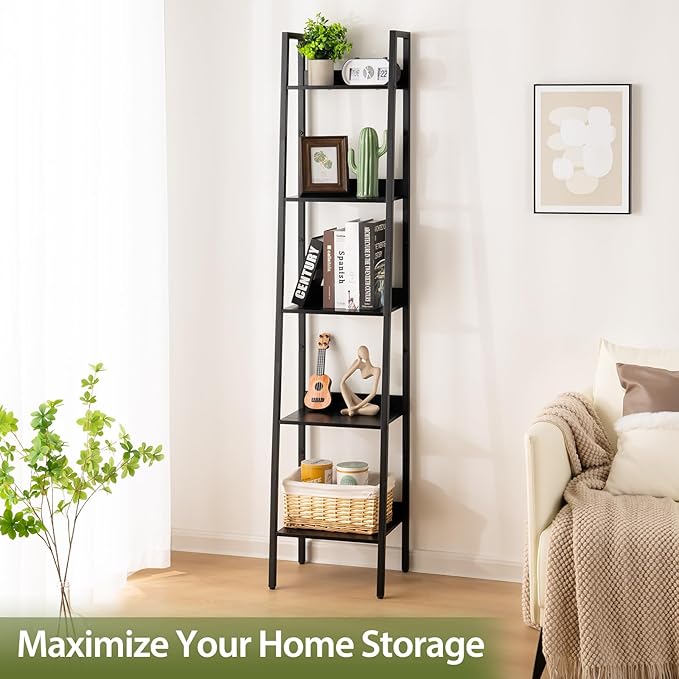 Yoobure Ladder Shelf, 5 Tier Tall Ladder Bookshelf Corner Shelf, Industrial Book Shelf Ladder Bookcase Narrow, Standing Storage Shelves Display Shelf for Bedroom Living Room Office Kitchen Bathroom - LeafyLoom