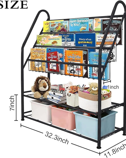 aboxoo Metal Kids Bookshelf Black Large Freestanding for Children Room 32 in Toy Organizer Large Stable Bookcase Bookstore Library Book Unit Storage Kids Bed Living Room - LeafyLoom
