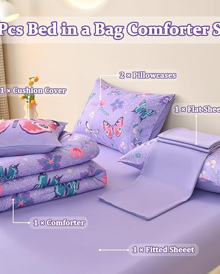Butterfly Bedding Set Full, Purple Butterfly Comforter Set for Girls Kids Teens 6 pcs Bed in a Bag Full Bedding Sets for Girls - LeafyLoom