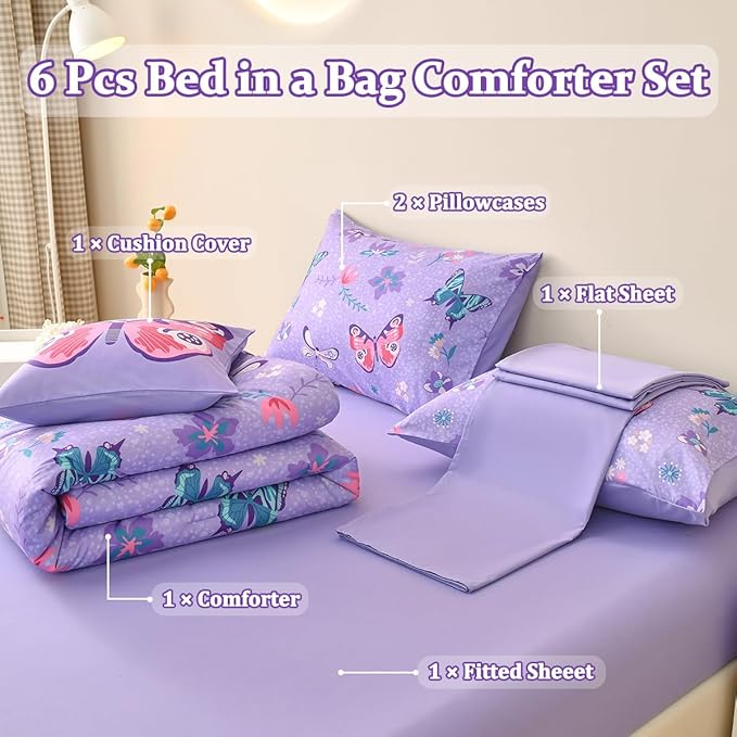 Butterfly Bedding Set Twin, Purple Butterfly Comforter Set for Girls Kids Teens 6 pcs Bed in a Bag Twin Bedding Sets for Girls - LeafyLoom