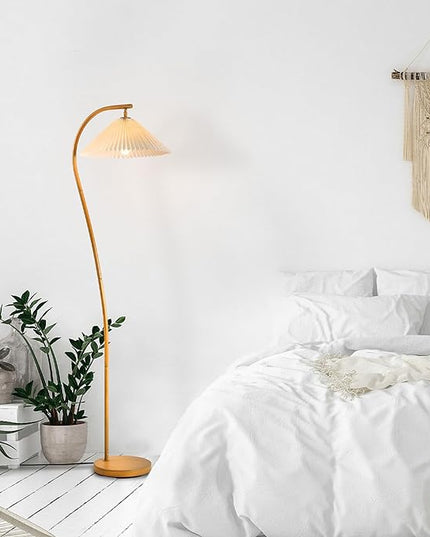 Globe Electric Novogratz x 61000043 Novogratz x Globe 62" Floor Lamp, Faux Wood Finish, White Pleated Fabric Shade, Pivot Joint on Shade, in -Line On/Off Foot Switch, Black Cord, Reading Lamp - LeafyLoom