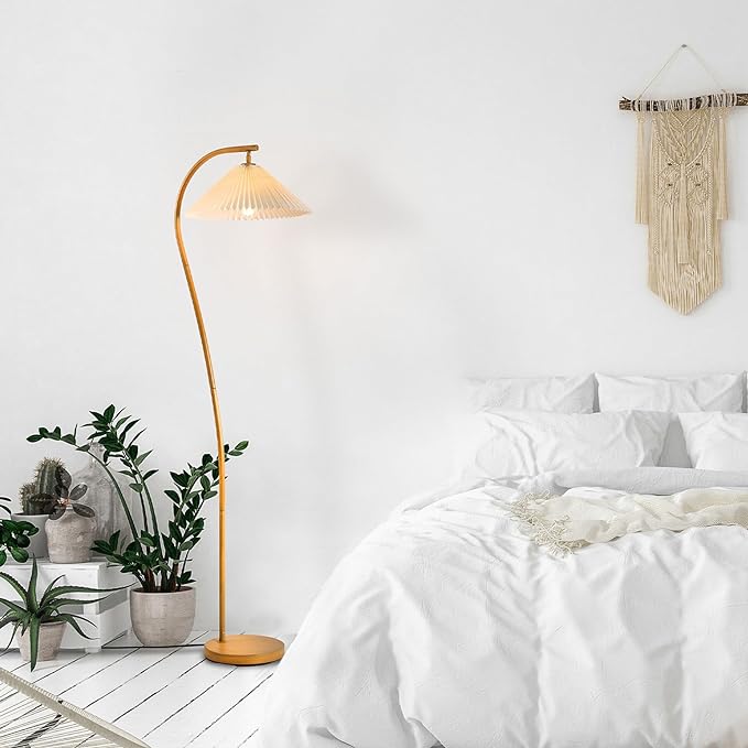 Globe Electric Novogratz x 61000043 Novogratz x Globe 62" Floor Lamp, Faux Wood Finish, White Pleated Fabric Shade, Pivot Joint on Shade, in -Line On/Off Foot Switch, Black Cord, Reading Lamp - LeafyLoom