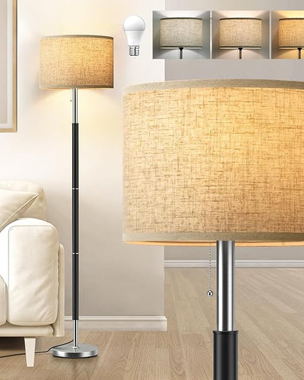 Bright Floor Lamps with 3 Color Temperatures(3000K/4000K/6000K) Standing Lamps with Beige Linen Lampshade Pole Lamp with Pull Chain Switch for Bedroom Office, 9W Bulb Included, Black and Silver - LeafyLoom