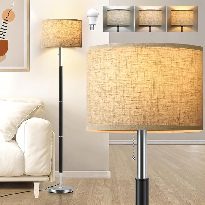 Bright Floor Lamps with 3 Color Temperatures(3000K/4000K/6000K) Standing Lamps with Beige Linen Lampshade Pole Lamp with Pull Chain Switch for Bedroom Office, 9W Bulb Included, Black and Silver - LeafyLoom