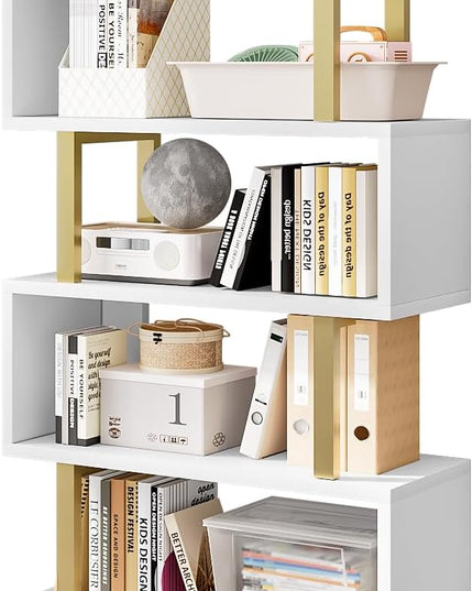 Bookshelf geometric bookcase S Shaped industrial bookshelf Storage Display Stand Shelf for Living Room Bedroom and office Room (White, 6 Tier) - LeafyLoom