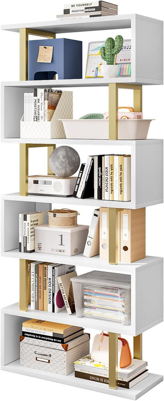 Bookshelf geometric bookcase S Shaped industrial bookshelf Storage Display Stand Shelf for Living Room Bedroom and office Room (White, 6 Tier) - LeafyLoom