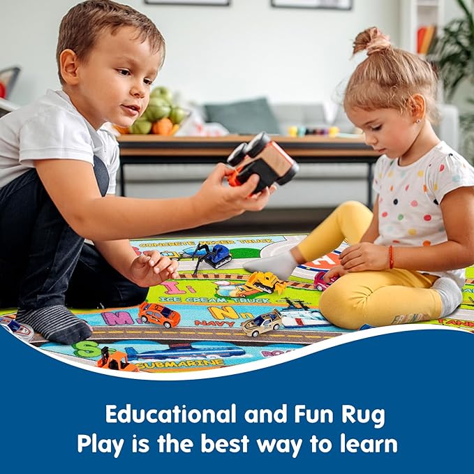Booooom Jackson Train Car Mat for Kids Toy Cars,ABC Alphabet Car Rug for Kids To Play and Learn,Non Slip Car Play Rug for Boys Girls Room,Colorful Kids Rugs for Playroom Washable,Car and Train Playmat - LeafyLoom