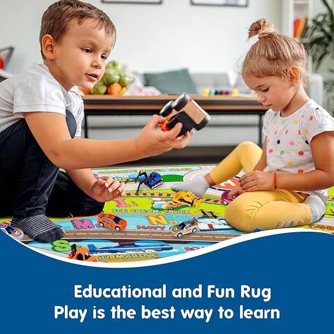 Booooom Jackson Large Kids Car Rug,Train Rug,ABC Alphabet Nursery Rug for Kids,Car Play Rug for Kids Playroom,Race Track Rug,Car Play Mat,Road Rug for Toddlers,Car Mat Car Carpet for Kids Room - LeafyLoom