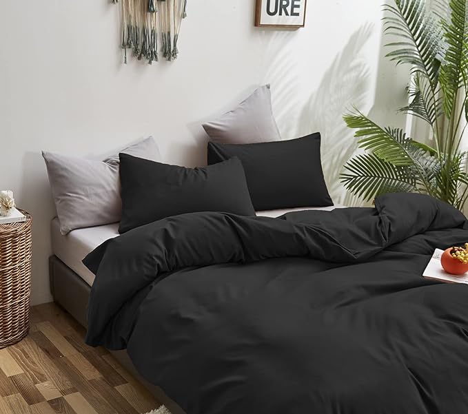 Black Comforter Twin Plain Black Bedding Set 3 Pieces Soft Black Comforter Set 1 Black Twin Comforter (68x90 inches) with 2 Pillowcases(20x26 inches) - LeafyLoom