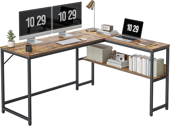 BANTI L Shaped Desk, 55.1 inch Corner Computer Desk with Storage Shelves, Study Writing Table Workstation with Open Shelves for Home Office, Brown - LeafyLoom