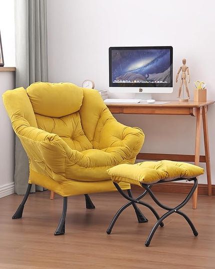 Lazy Chair and Ottoman, Large Accent Lounge Chair with Armrests and a Side Pocket, Modern Leisure Upholstered Sofa Reading Armchair with Footrest for Bedroom, Living Room, Dorm Rooms, Office - LeafyLoom