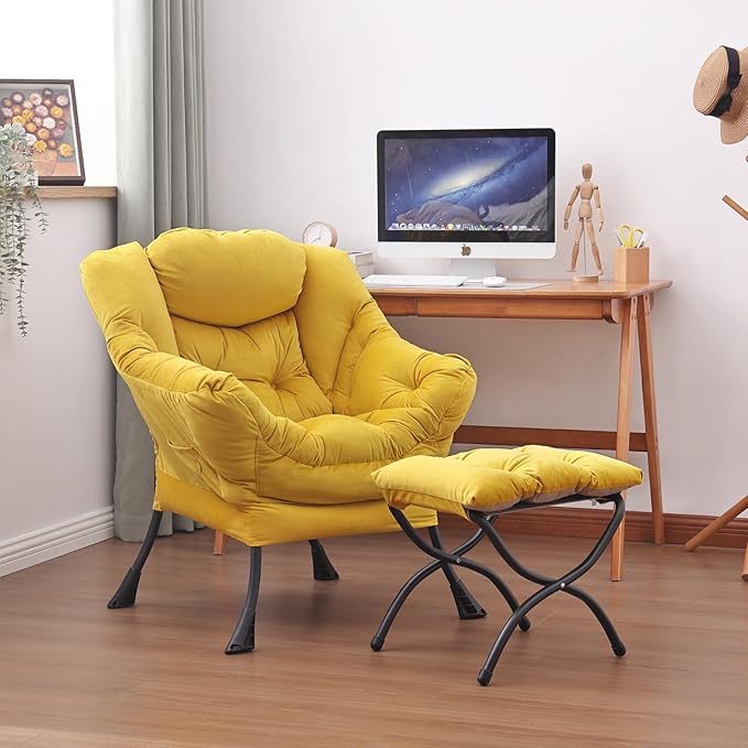 Lazy Chair and Ottoman, Large Accent Lounge Chair with Armrests and a Side Pocket, Modern Leisure Upholstered Sofa Reading Armchair with Footrest for Bedroom, Living Room, Dorm Rooms, Office - LeafyLoom