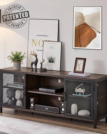 FATORRI Industrial Entertainment Center for TVs up to 65 Inch, Rustic Wood TV Stand, Large TV Console and TV Cabinet for Living Room (60 Inch Wide, Walnut Brown) - LeafyLoom