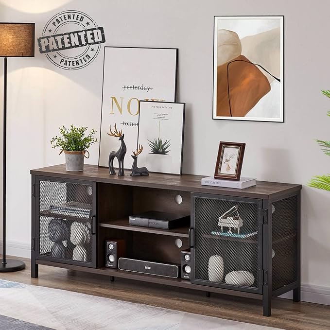 FATORRI Industrial Entertainment Center for TVs up to 65 Inch, Rustic Wood TV Stand, Large TV Console and TV Cabinet for Living Room (60 Inch Wide, Walnut Brown) - LeafyLoom