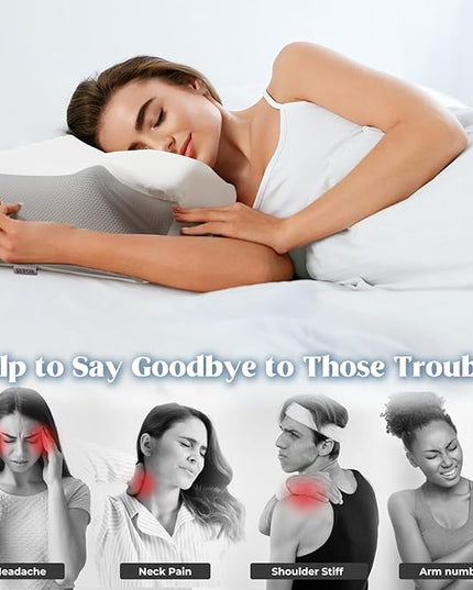 Cervical Pillow for Neck Pain Relief, Cooling Contour Memory Foam Pillows Support Odorless Ergonomic Neck Pillow Adjustable Orthopedic Bed Pillow for Side Back Stomach Sleeper with Pillowcase - LeafyLoom