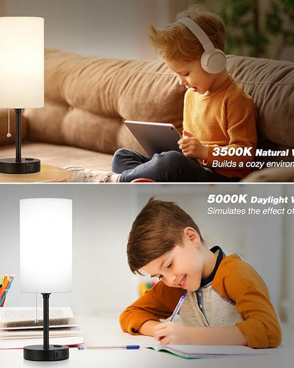 Dicoool 18Inch Tall Bedroom Lamps with USB C and A Ports 3 Color Temperatures - Pull Chain White Nightstand Bedside Table Lamp with AC Outlet, Side Lamp for Living Room End Table - LeafyLoom