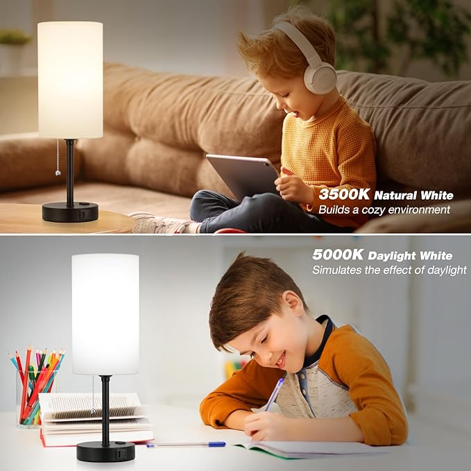 Dicoool 18Inch Tall Bedroom Lamps with USB C and A Ports 3 Color Temperatures - Pull Chain White Nightstand Bedside Table Lamp with AC Outlet, Side Lamp for Living Room End Table - LeafyLoom