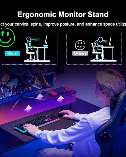 GTRACING 55 Inch Gaming Desk with LED Lights, Computer Gamer Desk with Monitor Stand, Ergonomic Carbon Fiber Surface Gaming Table with Mouse Pad for Home Office, RGB - LeafyLoom