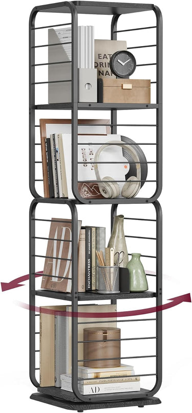 VASAGLE 4-Tier Rotating Bookshelf, Bookcase with Bookends for Small Spaces, Corner Shelf, Steel Frame, Ebony Black and Ink Black ULLS127B56 - LeafyLoom