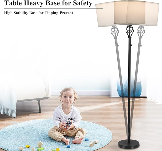 Floor Lamps for Living Room, Standing Lamp, Stepless Dimmable Floor Lamp with White Linen Shade, Rotary Switch, 2700K 10W Bulb Included, Modern Floor Lamp for Bedroom, Reading Tall Lamp for Office - LeafyLoom