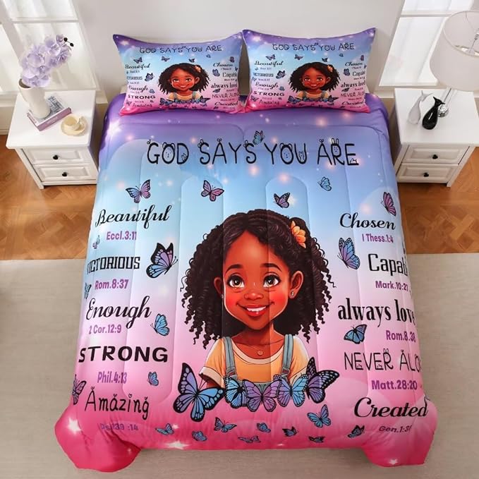 Black Girl Comforter Set Queen for Kids Teens,God Says You are Comforter Set for Black Women,Black Girl Magic Bedding Set,African American Girl Bed Bedroom Set - LeafyLoom