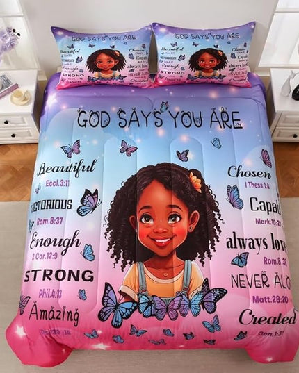 Black Girl Comforter Set Twin for Kids Teens,God Says You are Comforter Set for Black Women,Black Girl Magic Bedding Set,African American Girl Bed Bedroom Set - LeafyLoom