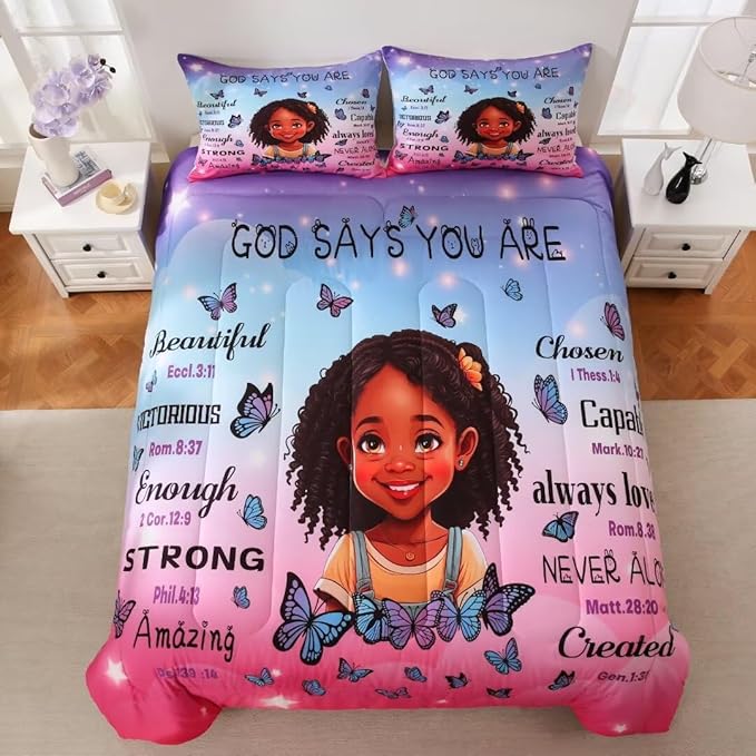 Black Girl Comforter Set Twin for Kids Teens,God Says You are Comforter Set for Black Women,Black Girl Magic Bedding Set,African American Girl Bed Bedroom Set - LeafyLoom