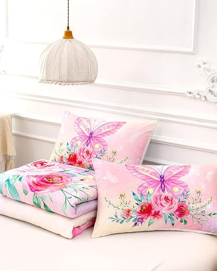 CVHOUSE Butterfly Comforter Set,Floral Butterfly Bedding Set for Girls Kids Teens,Flower Butterflies Comforter Butterflies Duvet Set Room Decor Quilt Set Twin Size - LeafyLoom