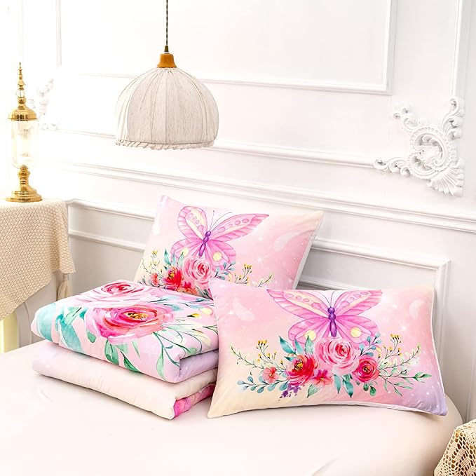 CVHOUSE Butterfly Comforter Set,Floral Butterfly Bedding Set for Girls Kids Teens,Flower Butterflies Comforter Butterflies Duvet Set Room Decor Quilt Set Twin Size - LeafyLoom