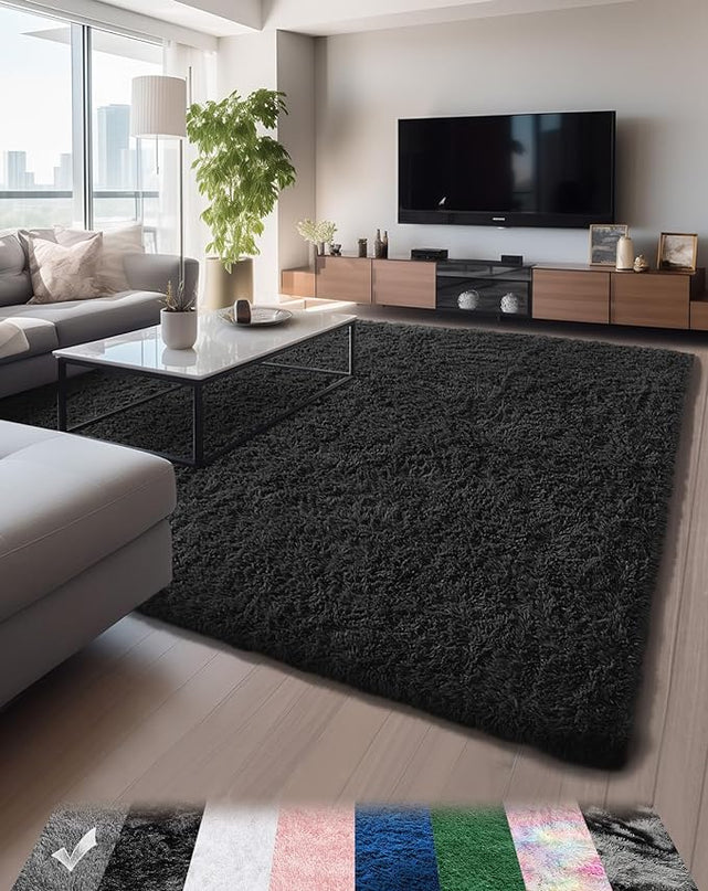Ophanie Machine Washable 5 x 8 Rugs for Living Room, Classic Black,Large Fluffy Fuzzy Plush Shag Comfy Soft,Non-Slip Indoor Floor Carpet,for Kids Boys Girls，Room,Bedroom,Playroom，Home Decor Aesthetic - LeafyLoom