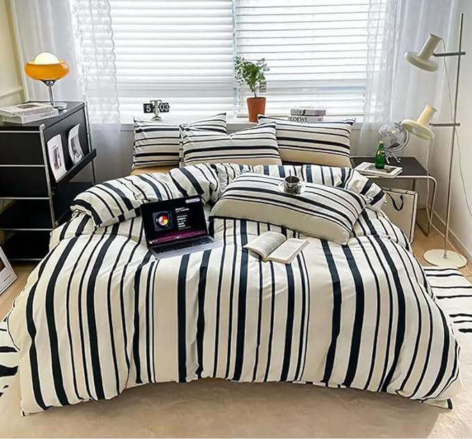 Striped Comforter Queen Black White Comforter 3 Pieces Soft Stripes Comforter Set 1 Striped Queen Comforter (90x90 inches) with 2 Pillowcases (20x26 inches) - LeafyLoom