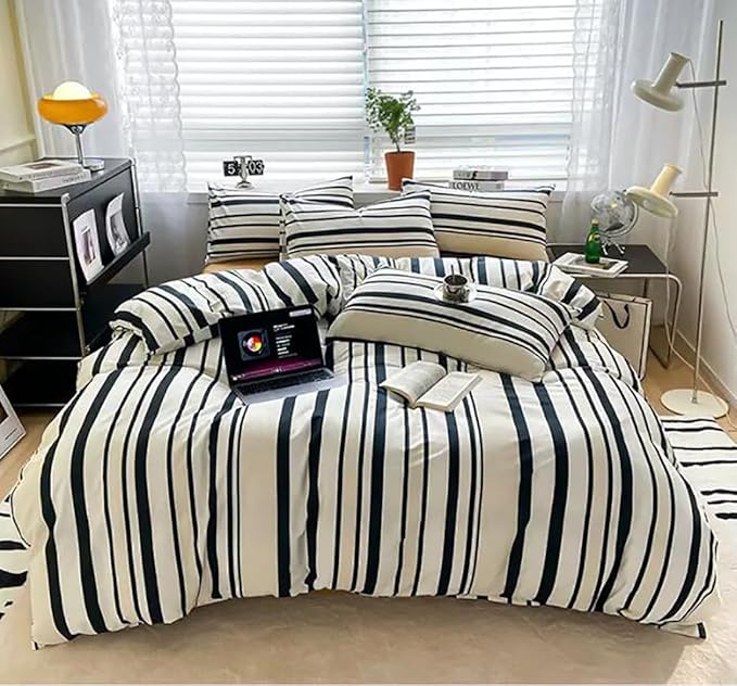 Striped Comforter Set California King Black White Comforter Men Women Modern Chic Stripes Bed Comforter Beige Black Striped Cal King Ticking Bedding Comforter All Season Hotel Quality Bed Set - LeafyLoom