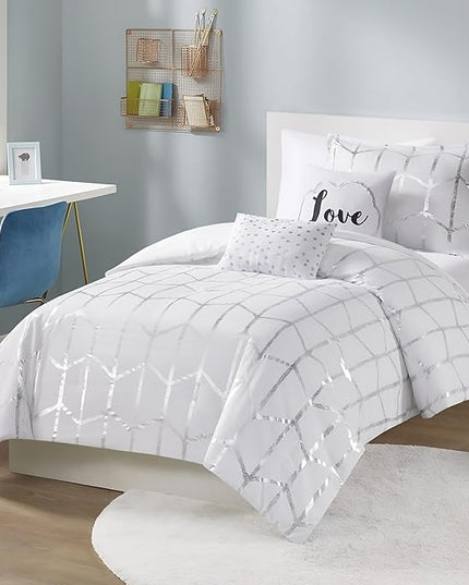 Intelligent Design Raina Twin / Twin XL Comforter Set, Soft Microfiber Comforter Set Twin, Modern Geometric Metallic Bed Set, 4 Pieces College Bedding Comforter Set with 1 Sham, 2 Toss Pillows White - LeafyLoom
