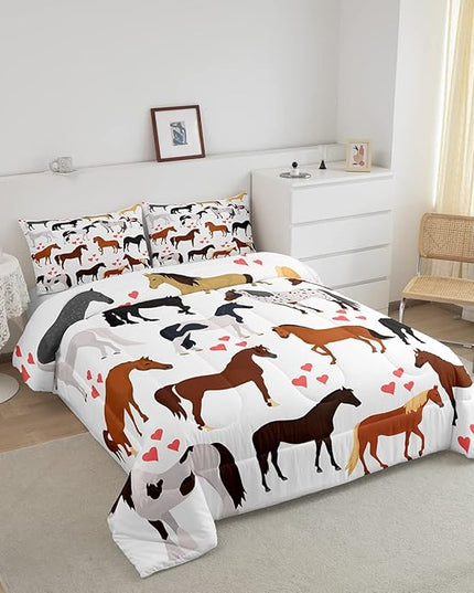 Galloping Horse Comforter Set Full Farm Bedding Set Kids Boys Girls Teens Cute Safari Animal Duvet Set Cartoon Horses with Pink Lover Heart Decor Kawaii Lightweight Cowboy Cowgirls Down Comforter - LeafyLoom