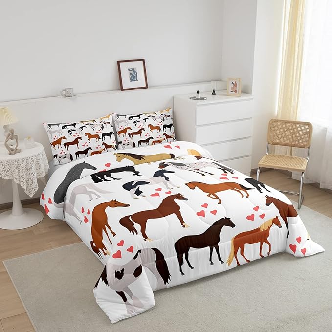 Galloping Horse Comforter Set Full Farm Bedding Set Kids Boys Girls Teens Cute Safari Animal Duvet Set Cartoon Horses with Pink Lover Heart Decor Kawaii Lightweight Cowboy Cowgirls Down Comforter - LeafyLoom