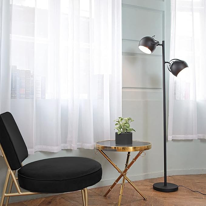 Globe Electric 67518 61" 2-Light Floor, Matte, Adjustable Lamp Heads, in-Line On Off Foot Switch, Miles (Black) - LeafyLoom