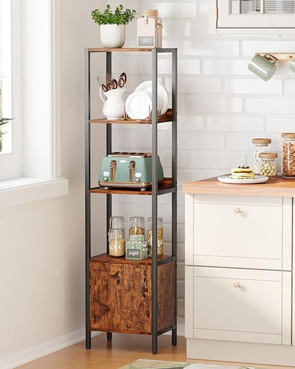 Furologee 5-Tier Bookshelf, Narrow Shelf with Storage Cabinet for Bedroom, Metal and Wood Shelf, Industrial Freestanding Display Tall Shelf for Living Room, Home Office, Bathroom, Rustic Brown - LeafyLoom